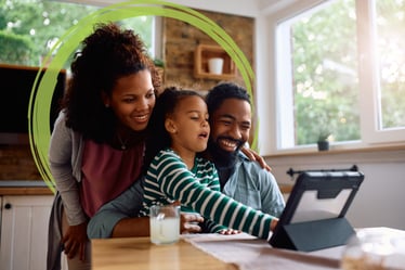 African American Family Laughing Looking at Tablet Green Brushstroke