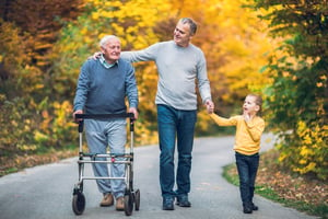 Eldery father adult son grandson walk in park_small-1