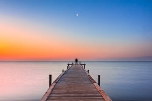 Pier into Water_Moon at Sunset_Large